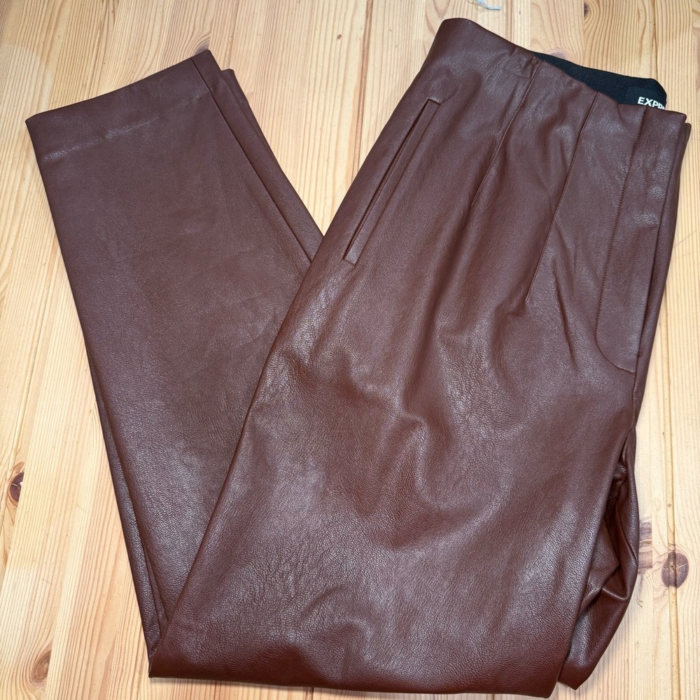 Express High Waisted Faux Leather Brown Trousers Size 10 NWOT